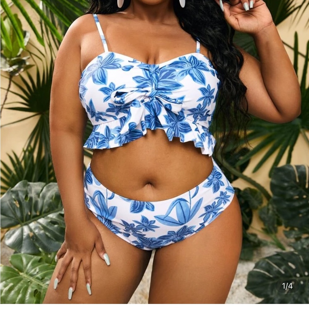 Blue and White Leaf Print Bikini